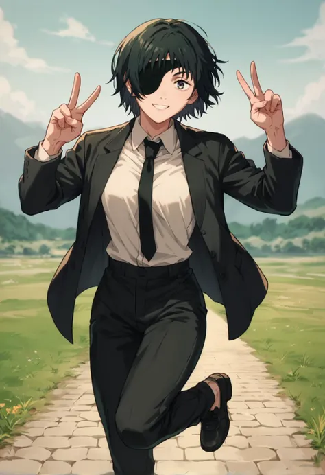 score_9, score_8_up, score_7_up, score_6_up,  <lora:Himen01XL_Pony_v1:1> h1m3n0,1girl, black hair, short hair, eyepatch,black necktie, black jacket, white shirt, black pants, outdoors, standing on one leg,   smile, v, medium breasts