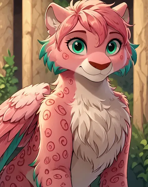 a close up of a cartoon cat with a pink and green hair