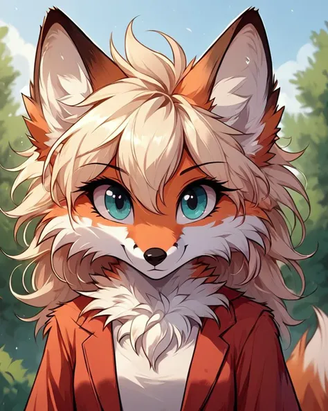 a close up of a cartoon fox with blue eyes and a red jacket