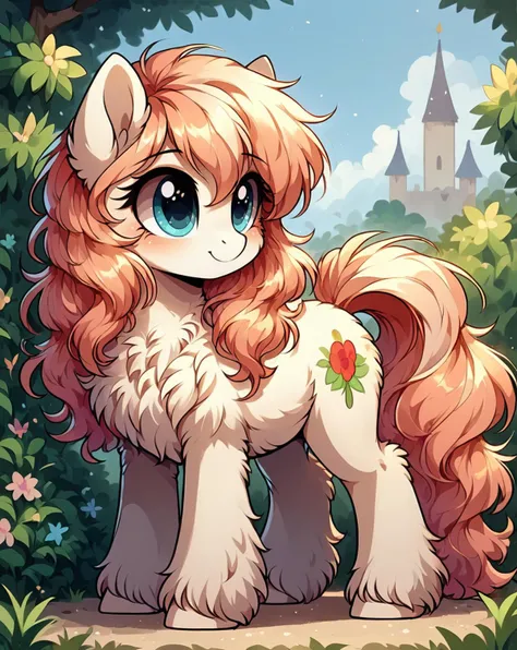 a cartoon pony with long hair standing in front of a castle