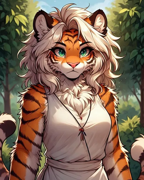 a cartoon picture of a tiger girl with long hair and a white dress