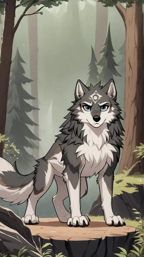 a cartoon wolf standing on a log in the woods