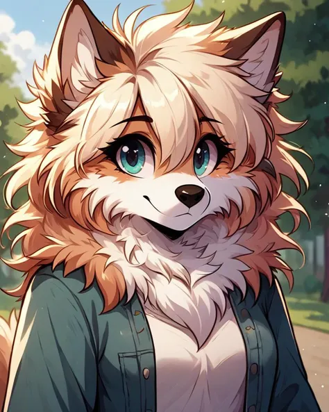 a close up of a cartoon fox with blue eyes and a jacket