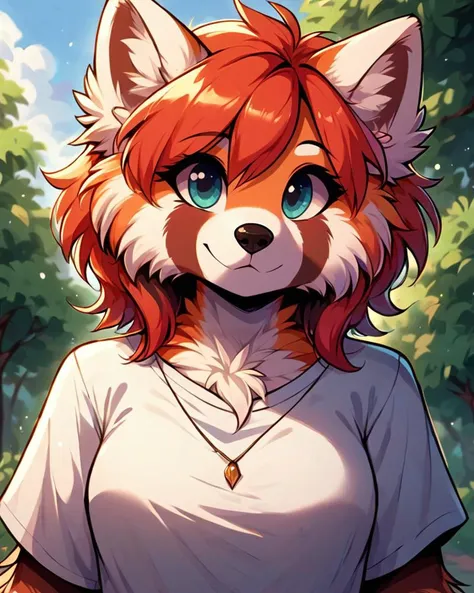 a close up of a cartoon fox with blue eyes and a white shirt