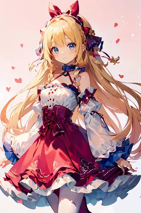 ultra detailed, masterpiece, best quality, solo, soft smile, light smile,
1girl, blue eyes, very long hair, blonde hair, long blonde hair, french braid, bangs, medium breasts,
hair ribbon, frilled choker, criss-cross halter, sleeveless dress, high-waist sk...