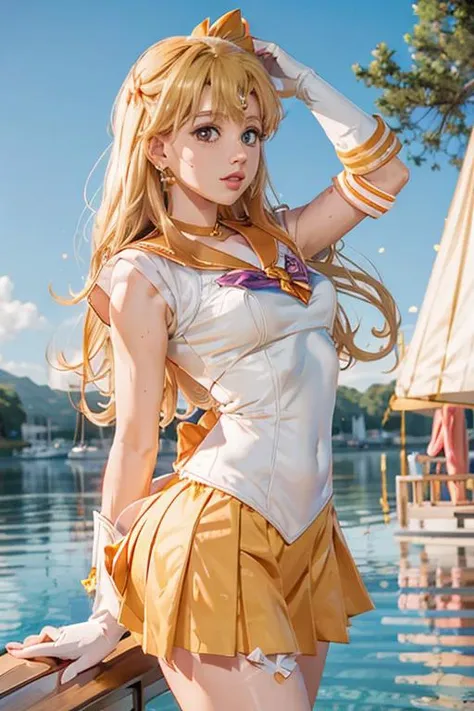 a close up of a woman in a sailor costume posing on a dock