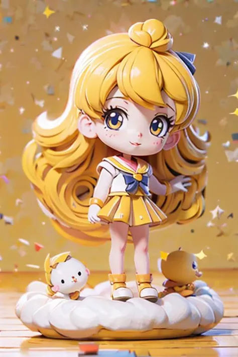 a close up of a doll on a table with confetti