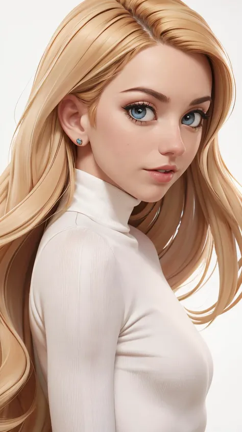 <lora:LexiBelle1:0.7> as cartoon character, sfw, dressed, blonde, black top, turtleneck, curvy, upper body, intricate, sharp focus, soft lighting, vibrant colors, masterpiece, (frontal), detailed eyes, advertising studio lights, frontal led light ring, smo...