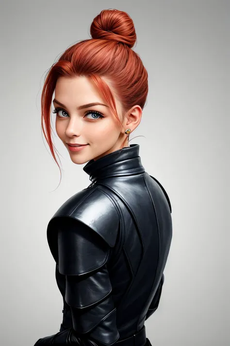 headshot of photo of <lora:sd15_MarinaLaswick_locon_24_v1:.9> MarinaLaswick , focus on smiling face, from behind wearing leather armor , her color ecru hair is styled as twisted bun,