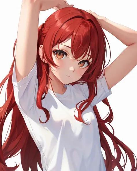 masterpiece, best quality, highres, 
simple background, white background, 
looking at viewer,red hair,brown eyes, long long hair, small breasts, 
white shirt, arms up, 
 <lora:Curly Hair Slider:1>