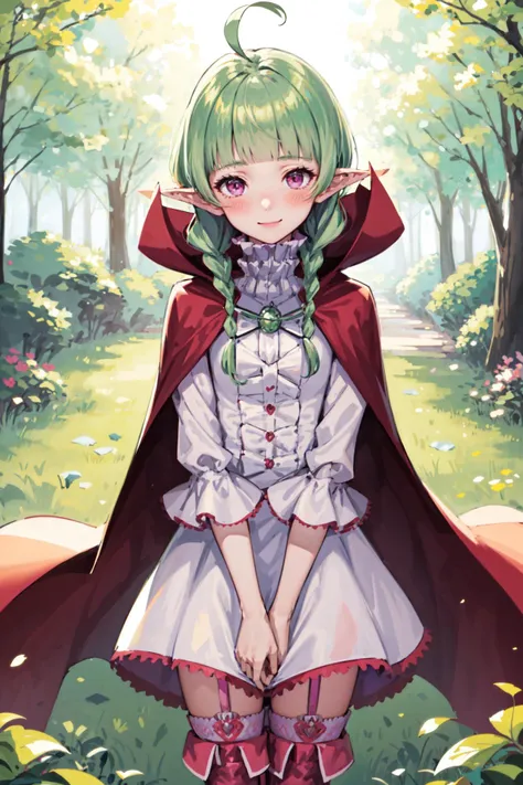 masterpiece, absurdres, best quality, 1girl, solo, nah_fea, embarrassed, blush, green hair, dress, cape, thigh boots, garter str...