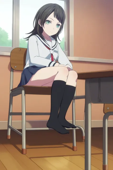 anime girl sitting on a chair in a classroom with a window