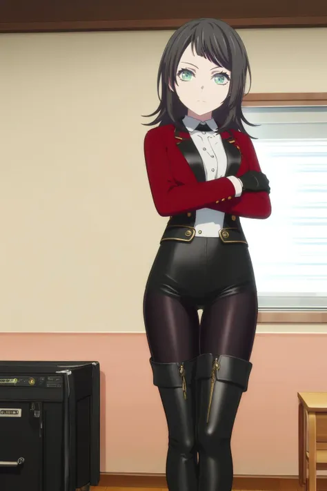 anime girl in black leather pants and red shirt posing for a picture