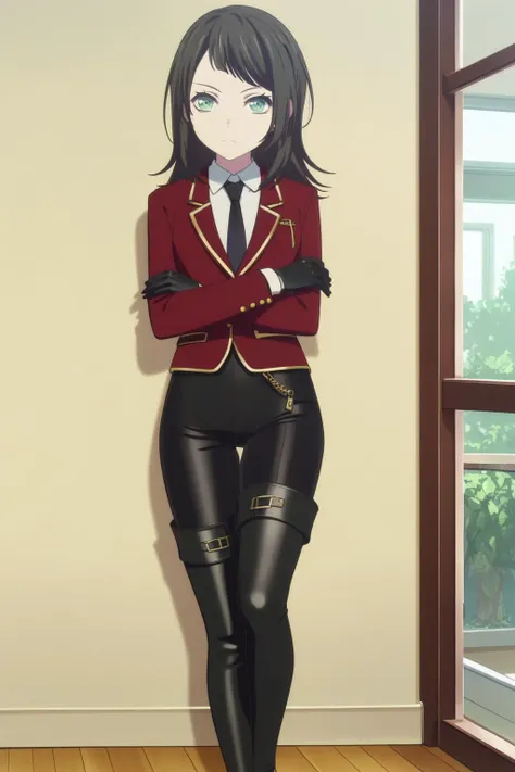 anime girl in a red jacket and black pants standing in front of a window