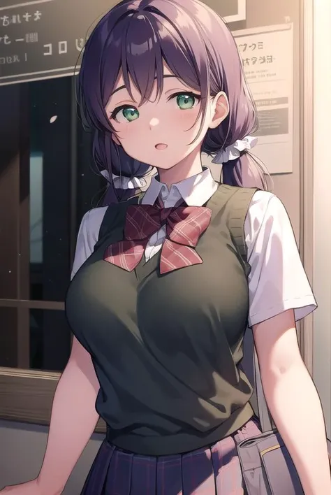 nozomitoujou, <lyco:nozomitoujou-LYCORIStest:1>,
nozomi toujou, (green eyes:1.5), purple hair, twintails, low twintails, scrunchie, long hair, (large breast:1.2),
BREAK otonokizaka school uniform, pleated skirt, school uniform, short sleeves, skirt, summer...