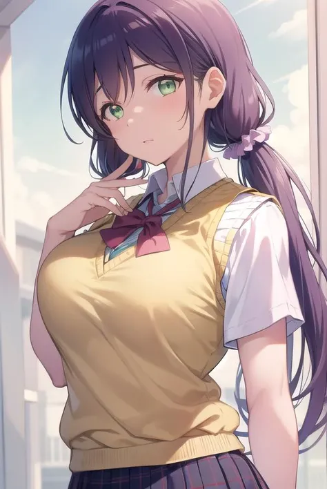 nozomitoujou, <lyco:nozomitoujou-LYCORIStest:1>,
nozomi toujou, (green eyes:1.5), purple hair, twintails, low twintails, scrunchie, long hair, (large breast:1.2),
BREAK otonokizaka school uniform, pleated skirt, school uniform, short sleeves, skirt, summer...