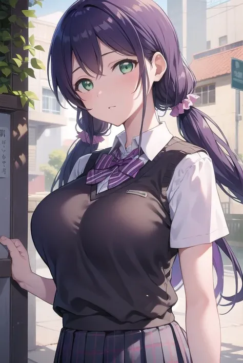 nozomitoujou, <lyco:nozomitoujou-LYCORIStest:1>,
nozomi toujou, (green eyes:1.5), purple hair, twintails, low twintails, scrunchie, long hair, (large breast:1.2),
BREAK otonokizaka school uniform, pleated skirt, school uniform, short sleeves, skirt, summer...