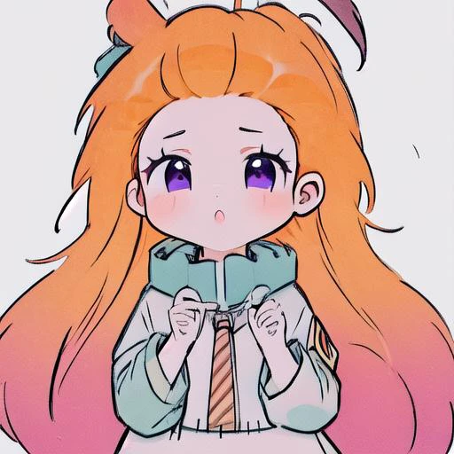 azhiichigo style, big eyes, thick lines, cute,(disheveled hair),[orange hair:purple buttom hair:0.8],forehead,zoe,long hair,multicolored hair,blue and purple  eyes,1girl,