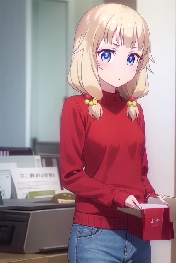 nenesakura, <lora:nene sakura s2-lora-nochekaiser:1>, 
nene sakura, bangs, blue eyes, blonde hair, hair ornament, twintails, hair bobbles,
BREAK long sleeves, shirt, collared shirt, sweater, (red sweater:1.5), 
BREAK indoors, office,
BREAK looking at viewe...