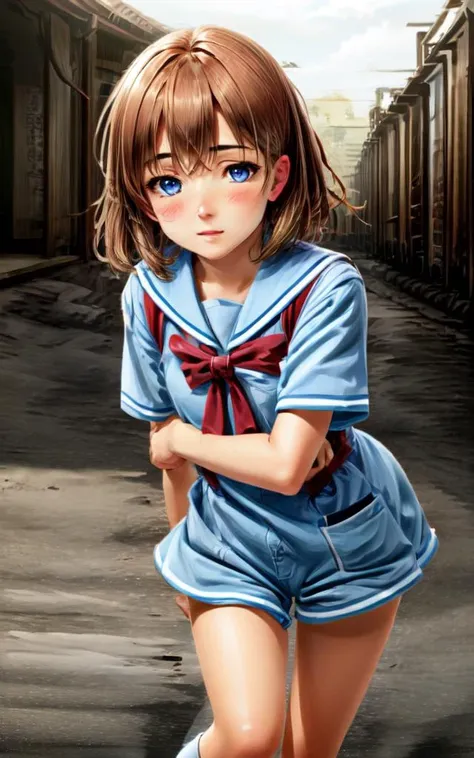 anime girl in blue sailor outfit running down a street