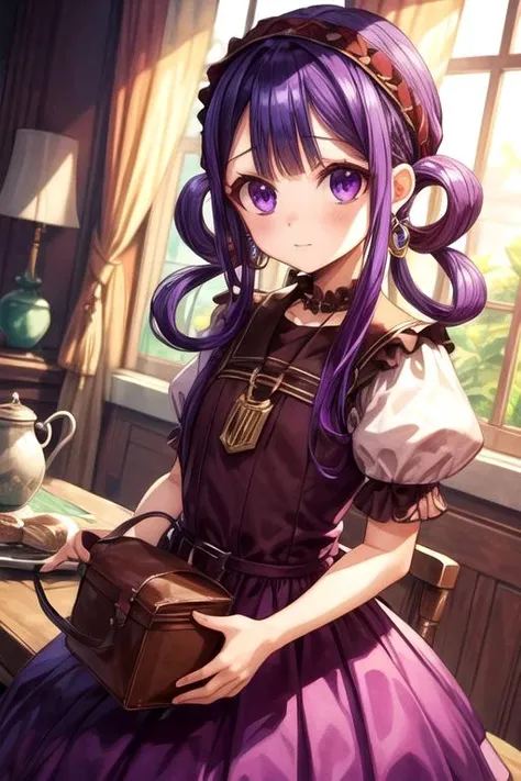 masterpiece, best quality, wallpaper, 1girl, solo, looking at viewer, , , , , <lora:aoi_akane:0.66>, aoi_akane, purple hair, purple eyes, , hair rings, , headwrap, fantasy,