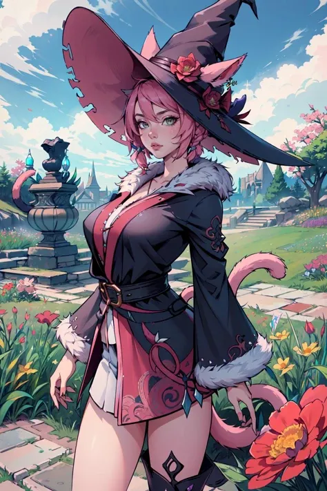 (masterpiece,best quality,absurdres,beautiful,intricate,4k,detailed,aesthetic),field,outside,flowers,1girl,FemmeMiq,cat ears,cat tail,robes,short hair,pink hair,twin braids,fur trim,witch hat,  <lora:FemMiqote:0.8>