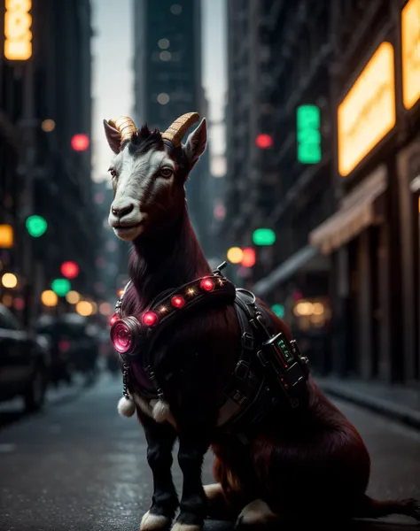 neonpunk style cinematic film still  Portrait of a goats head wearing a catholic popes dress, Cinematic lighting, Cyberpunk, Octane Render, Color Grading, Shot on 35 mm lense, Depth of Field, DOF, Tilt Blur, Shutter Speed 1/1000, F/22, White Balance, 32k, ...