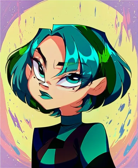 a cartoon image of a woman with blue hair and green eyes