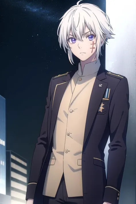 allenwalker, <lora:allen walker hallow s1-lora-nochekaiser:1>,
allen walker, (purple eyes:1.1), white hair, male focus, scar, facial mark,
BREAK uniform, military, military uniform,
BREAK outdoors, city, starry sky, night, moon,
BREAK looking at viewer, (c...