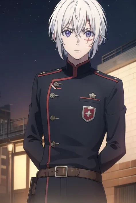 allenwalker, <lora:allen walker hallow s1-lora-nochekaiser:1>,
allen walker, (purple eyes:1.1), white hair, male focus, scar, facial mark,
BREAK uniform, military, military uniform,
BREAK outdoors, city, starry sky, night, moon,
BREAK looking at viewer, (c...