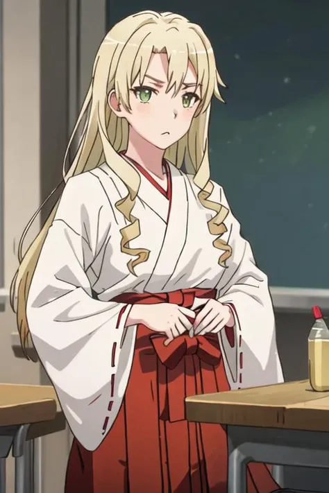 best quality, masterpiece, highres, solo, {white kimono:1.35}, {red hakama:1.35}, {wide sleeves:1.20}, {miura_yumiko_yahariorenoseishunlovecomewamachigatteiru:1.15}, long_hair, blonde_hair, green_eyes