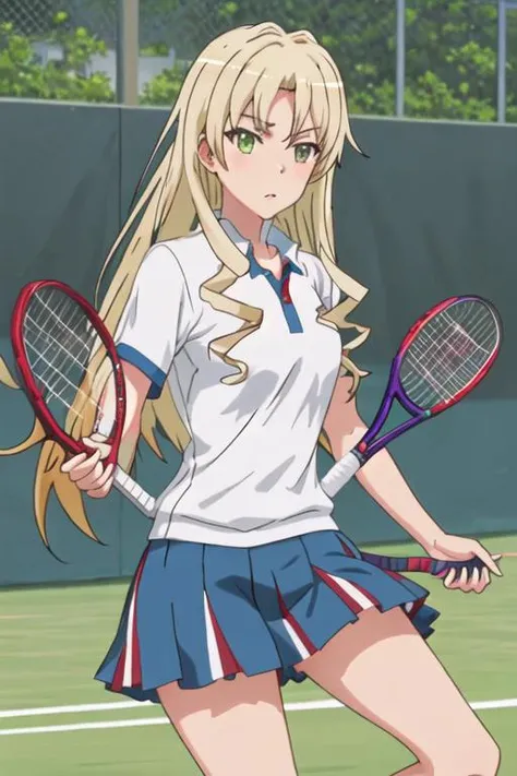 best quality, masterpiece, highres, solo, {miura_yumiko_yahariorenoseishunlovecomewamachigatteiru:1.15}, long_hair, blonde_hair, green_eyes, 1girl, fence, sportswear, chain-link_fence, racket, tennis_racket, tennis_uniform