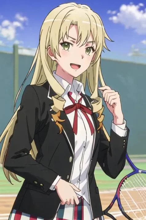 best quality, masterpiece, highres, solo, {miura_yumiko_yahariorenoseishunlovecomewamachigatteiru:1.15}, long_hair, blonde_hair, green_eyes, 1girl, chain-link_fence, cloud, day, fence, looking_at_viewer, neck_ribbon, open_mouth, outdoors, racket, school_un...