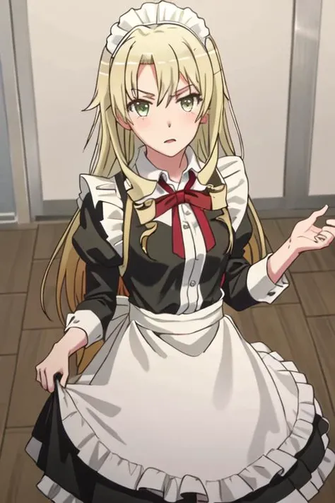 best quality, masterpiece, highres, solo, {maid:1.40}, {long maid dress:1.15}, {miura_yumiko_yahariorenoseishunlovecomewamachigatteiru:1.15}, long_hair, blonde_hair, green_eyes