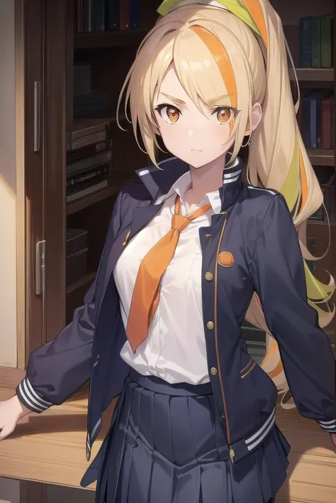 sakinikaidou, <lyco:sakinikaidou-lyco-nochekaiser:1>,
saki nikaidou, blonde hair, eyes visible through hair, hair over one eye, light green hair, long hair, multicolored hair, (orange eyes:1.5), orange hair, ponytail, streaked hair, (small breast:1.2),
BRE...