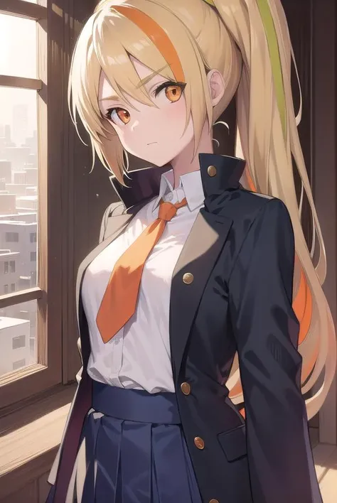 sakinikaidou, <lyco:sakinikaidou-lyco-nochekaiser:1>,
saki nikaidou, blonde hair, eyes visible through hair, hair over one eye, light green hair, long hair, multicolored hair, (orange eyes:1.5), orange hair, ponytail, streaked hair, (small breast:1.2),
BRE...