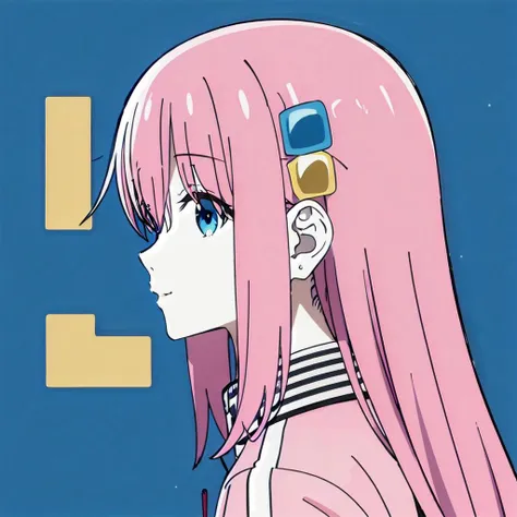 anime girl with pink hair and blue eyes looking at something