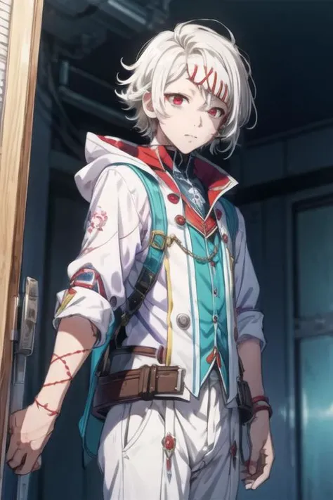 masterpiece, best quality, sketch, 1boy, solo, male focus, looking at viewer, , depth of field, <lora:juuzou_suzuya:0.68>, juuzou_suzuya, white hair, red eyes, dwarf costume, , High definition