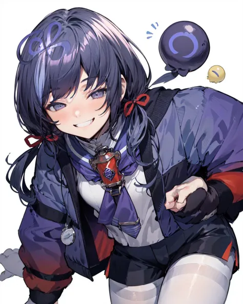 anime girl with a purple jacket and black gloves holding a black object