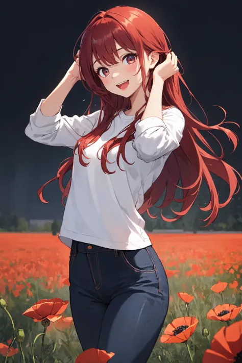 a woman standing in a field of red flowers with her hair up