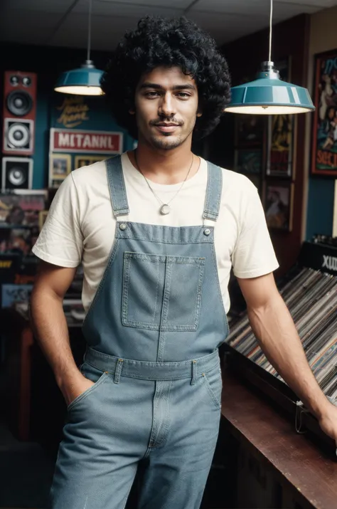 vintage 70s candid photo of a man, jock type, green perms, wearing denim shirt, denim overalls, work boots, (record player shop,...