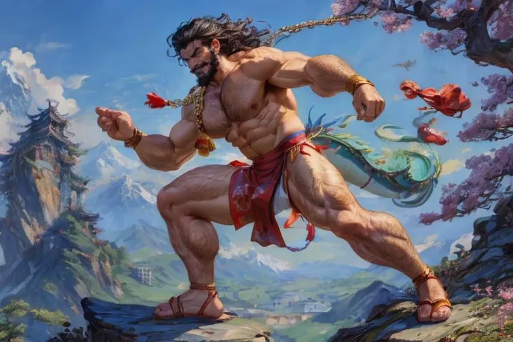 hyperrealistic, fantasy, Year of the Dragon, 50yo man, asian man, Dancer and the (chinese Dragon), (dark hair), volputuous body, large pectoral, wavy hair, (mustache), (beard), hairy, light smile, legs apart, hazel eyes, Gladiator Sandal, chain, loincloth,...