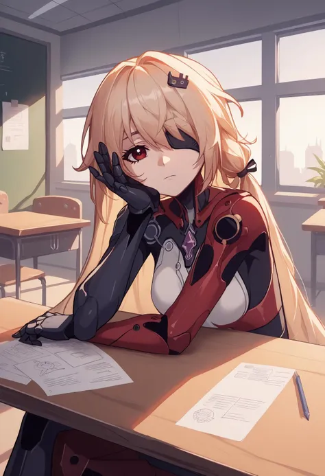 anime girl sitting at a desk with her hand on her face