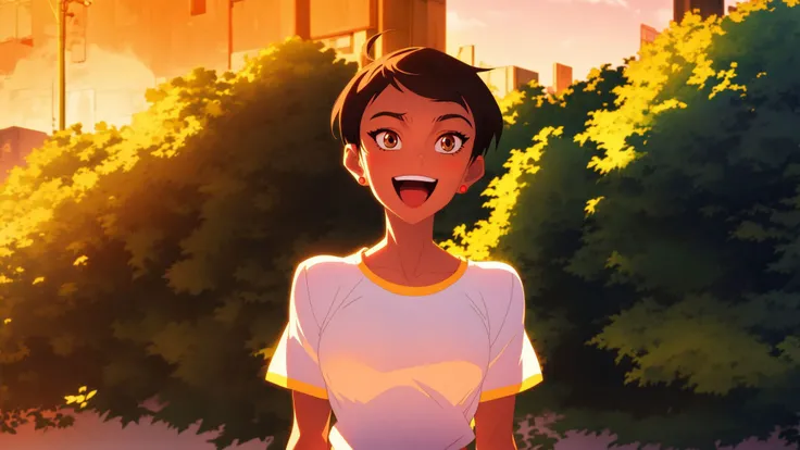 <lora:LoisLane:1>,masterpiece,best quality,mawsLoisLane,1girl,solo,black hair,short hair,brown hair,upper body,smile,shirt,white shirt,looking at viewer,outdoors,arms behind back,tanned,open mouth,black leggings,earrings,sunlight,embellishment,