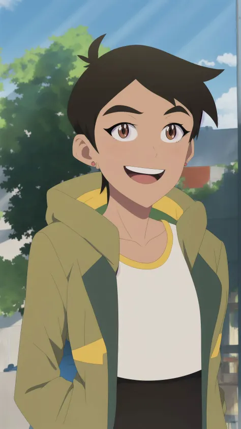 masterpiece, best quality, mawsLoisLane, 1girl, solo, black hair, short hair, brown hair, upper body, smile, shirt, white shirt, looking at viewer, outdoors, arms behind back, tan, long jacket, open mouth, black leggings, earrings, sunlight, <lora:LoisLane...