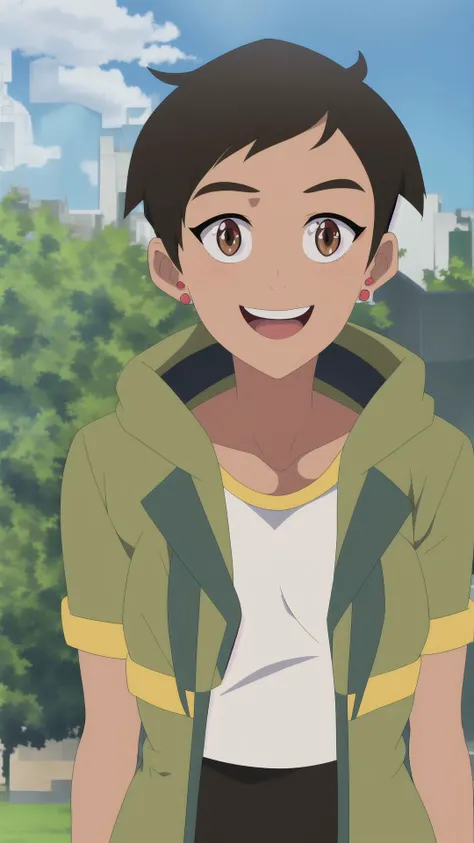 masterpiece, best quality, mawsLoisLane, 1girl, solo, black hair, short hair, brown hair, upper body, smile, shirt, white shirt, looking at viewer, outdoors, arms behind back, tan, long jacket, open mouth, black leggings, earrings, sunlight, <lora:LoisLane...