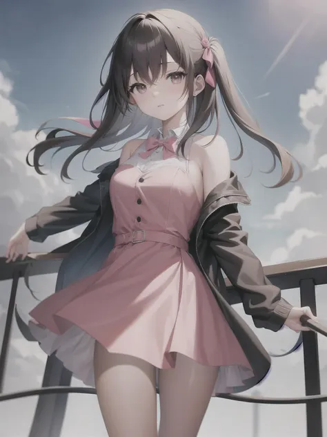 anime girl in pink dress standing on a bridge with her arms outstretched