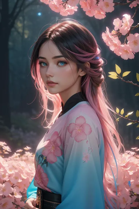 1girl, fantasy Renderman, professional Airbrush painting, colorful Unity Engine, masterpiece, upper body shot of a ("The Saint of Resonance":1.3) , it is very Charred and Warlike, Rule of Thirds, dark pink blossoms with Ash, Foggy, Very wide view, Screen p...