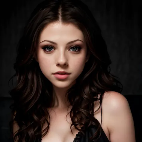 a close up of a woman with long hair wearing a black dress