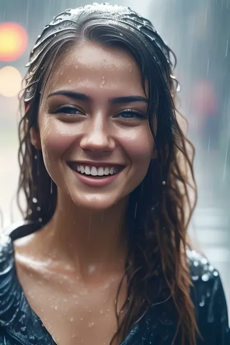 a close up of a woman smiling in the rain